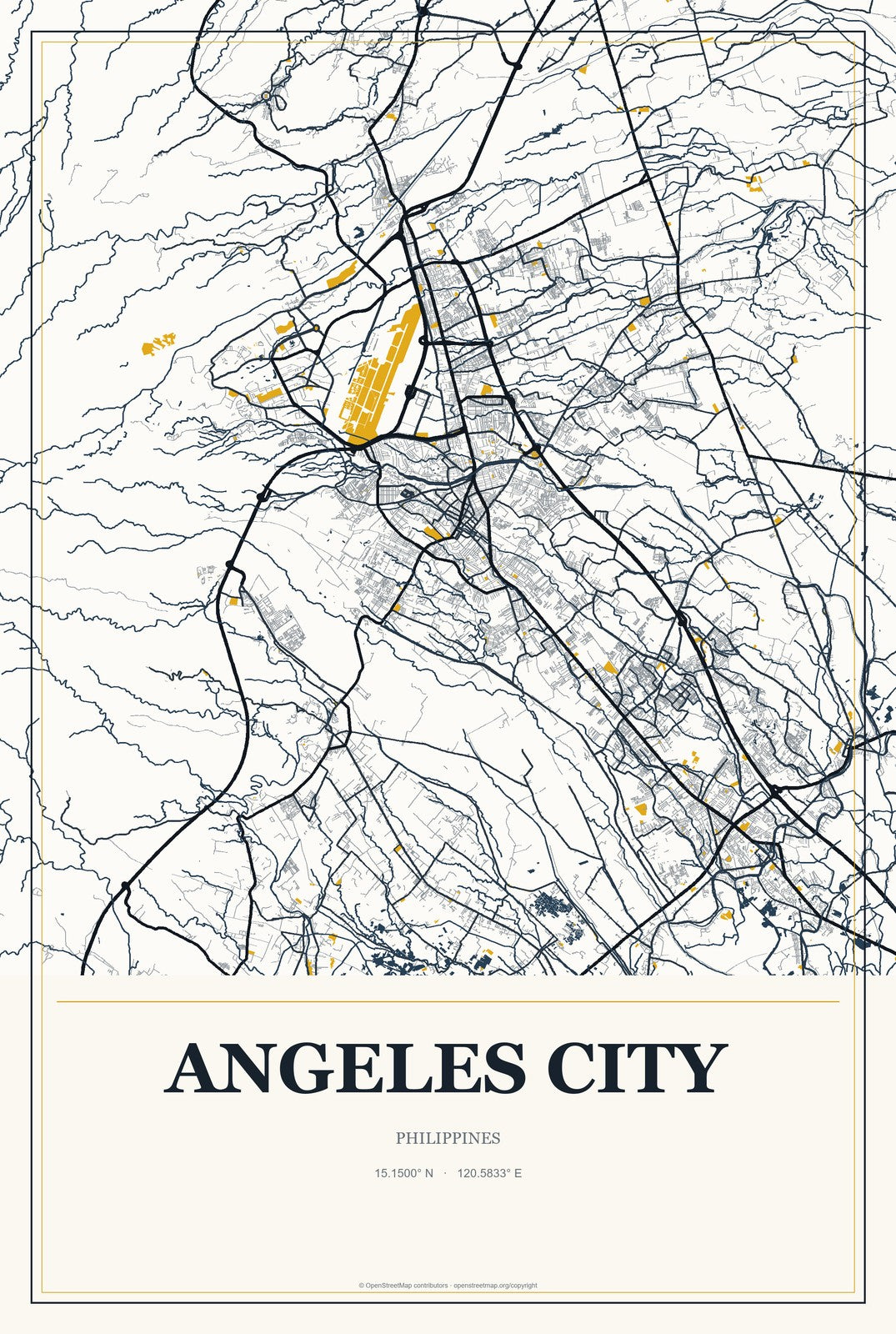 Angeles City, Philippines City Map Aluminum Sign in Citrine Modern style