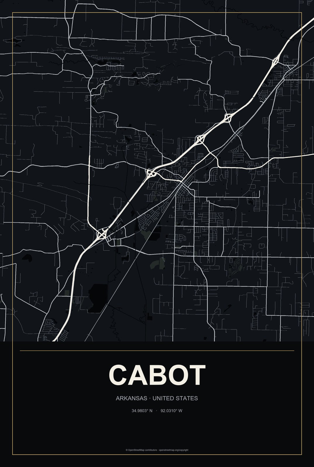Cabot, Arkansas City Map Aluminum Sign in Metropolitan Noir style