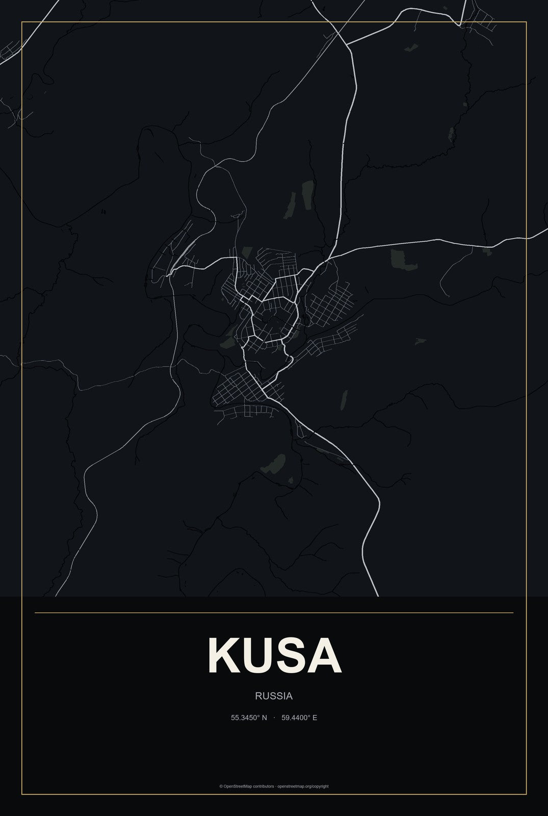 Kusa, Russia City Map Aluminum Sign in Metropolitan Noir style