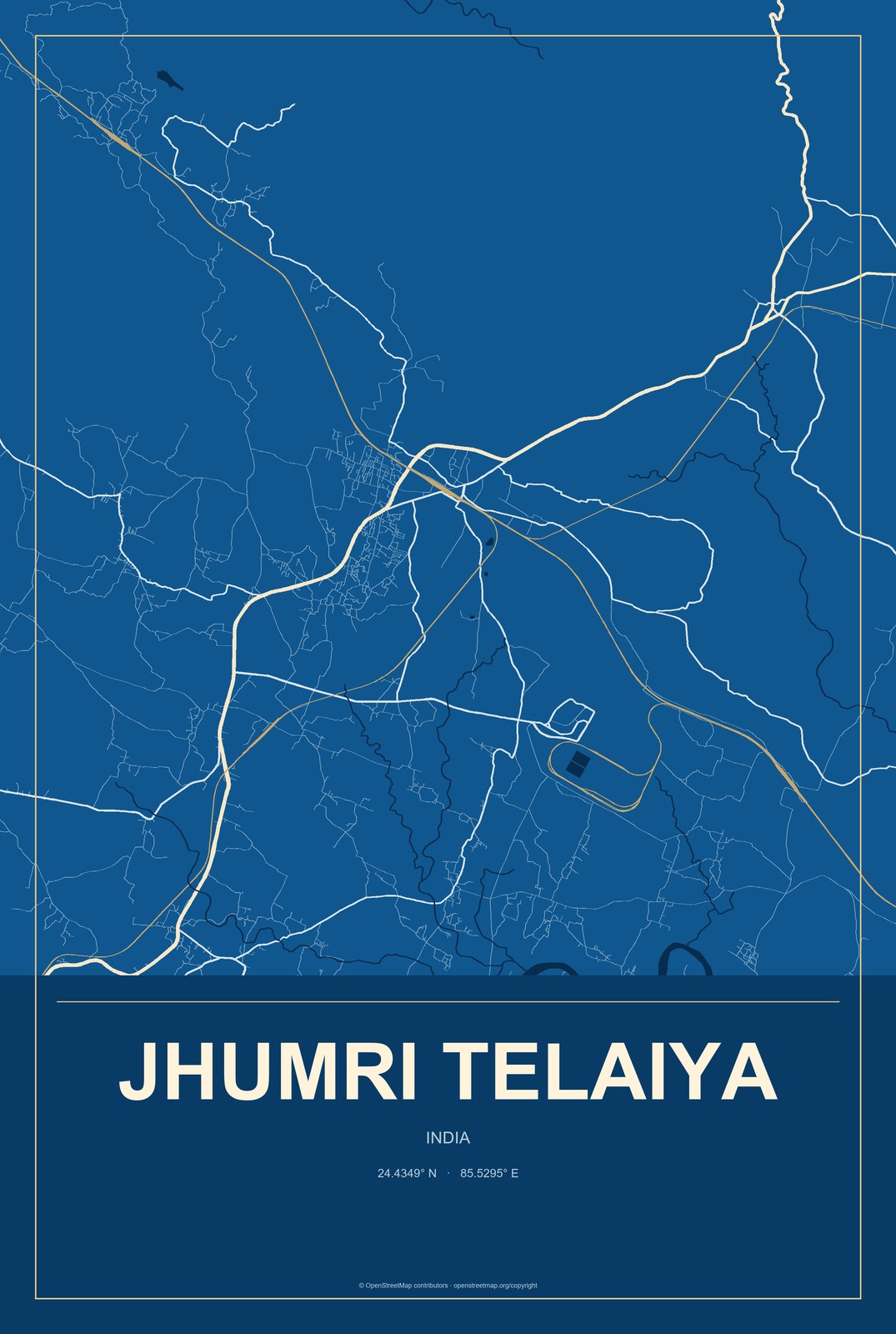 Jhumri Telaiya, India City Map Aluminum Sign in Harbor Cobalt style