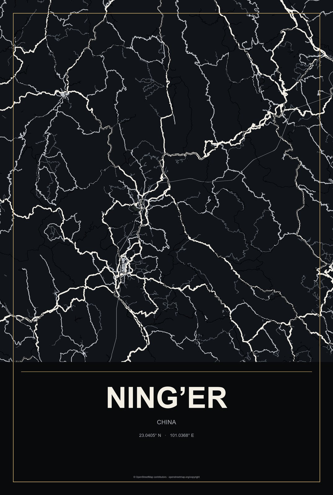 Ning’er, China City Map Aluminum Sign in Metropolitan Noir style