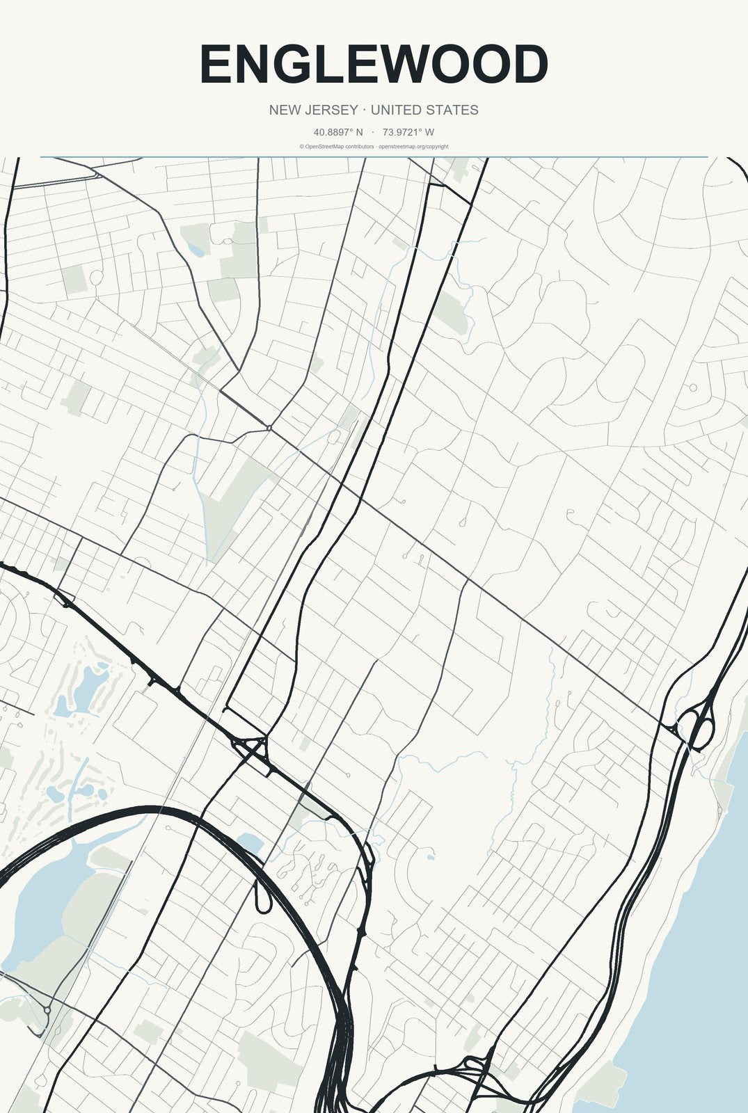 Englewood, New Jersey City Map Aluminum Sign in Headline Atlas style