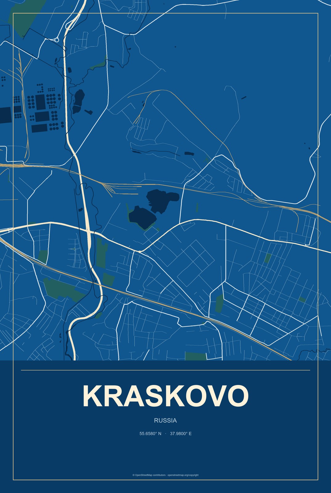 Kraskovo, Russia City Map Aluminum Sign in Harbor Cobalt style