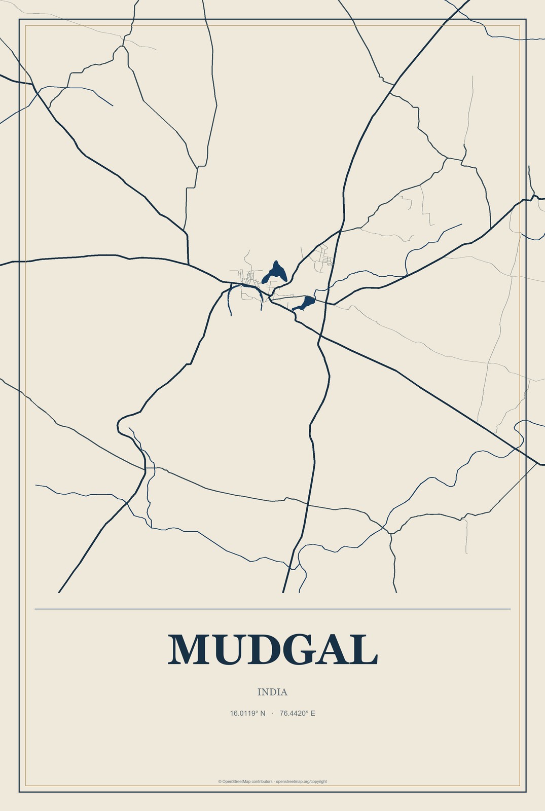Mudgal, India City Map Aluminum Sign in Coastal Cutout style