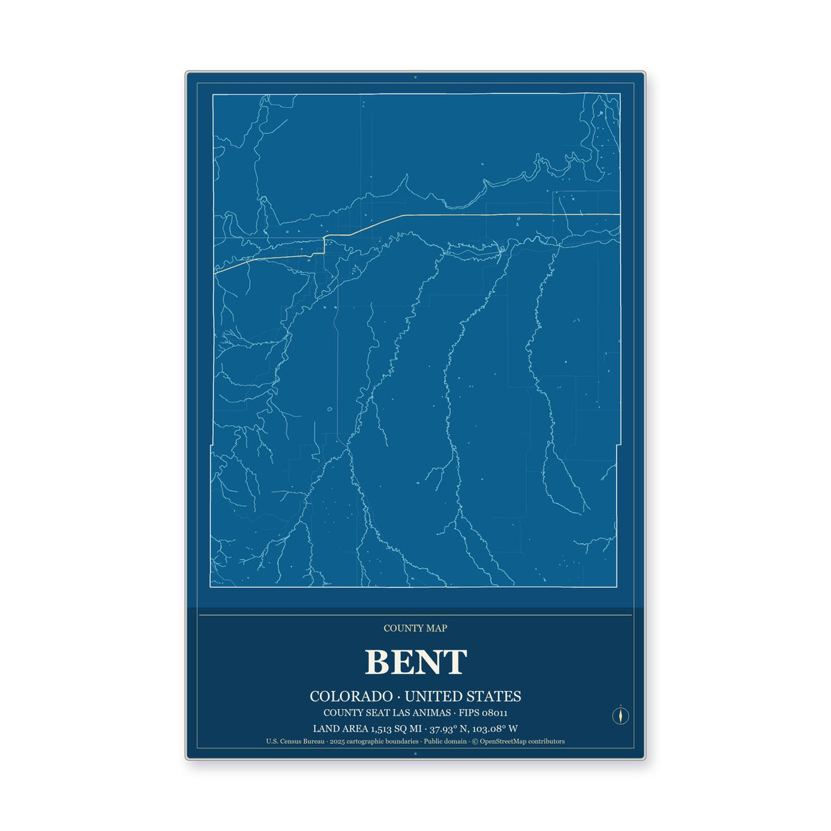 Bent County, Colorado Map Aluminum Sign in Harbor Cobalt style