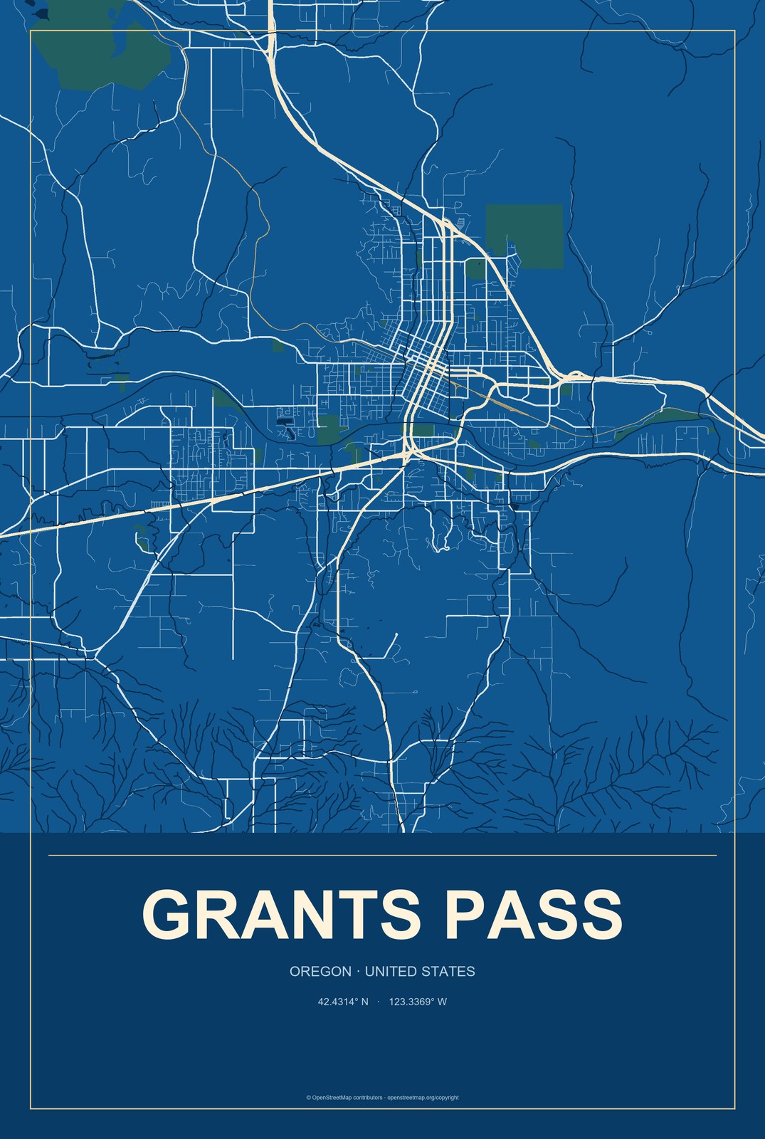 Grants Pass, Oregon City Map Aluminum Sign in Harbor Cobalt style