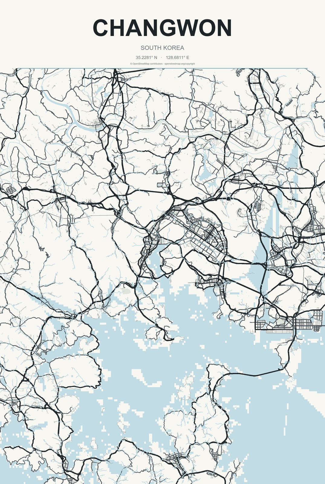 Changwon, South Korea City Map Aluminum Sign in Headline Atlas style