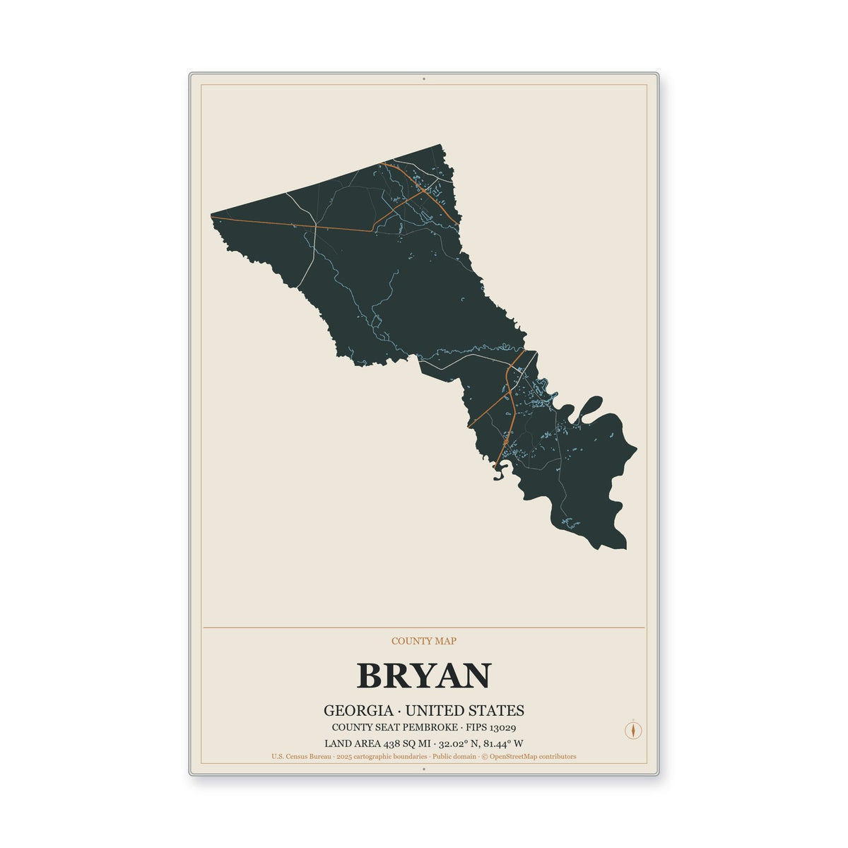 Bryan County, Georgia Map Aluminum Sign in Headline Atlas style