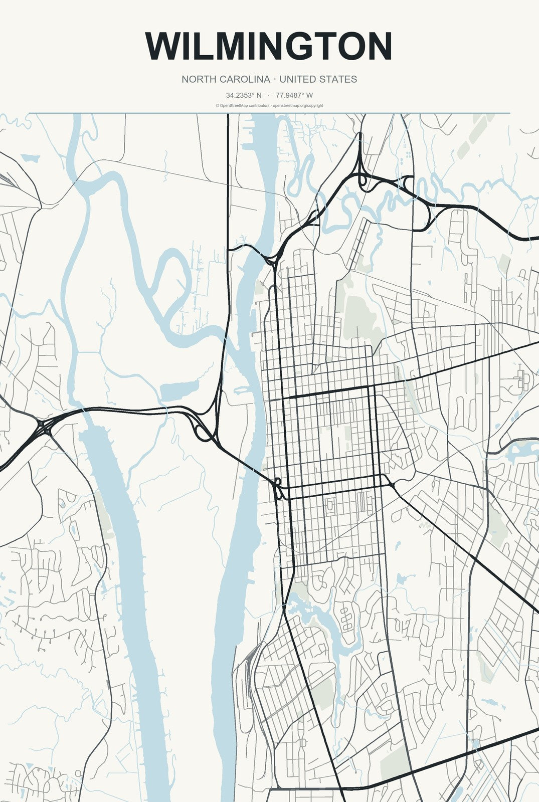 Wilmington, North Carolina City Map Aluminum Sign in Headline Atlas style