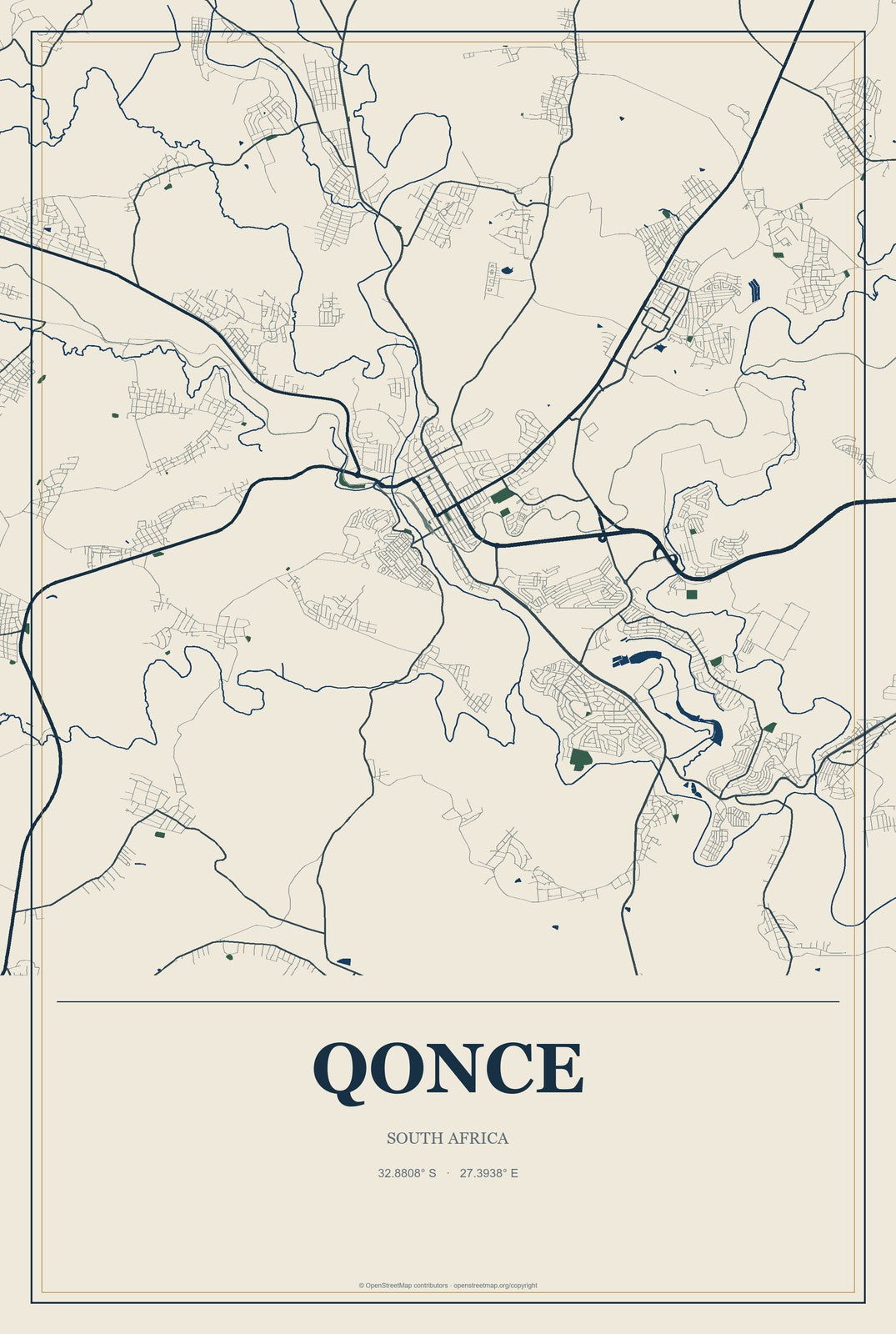 Qonce, South Africa City Map Aluminum Sign in Coastal Cutout style