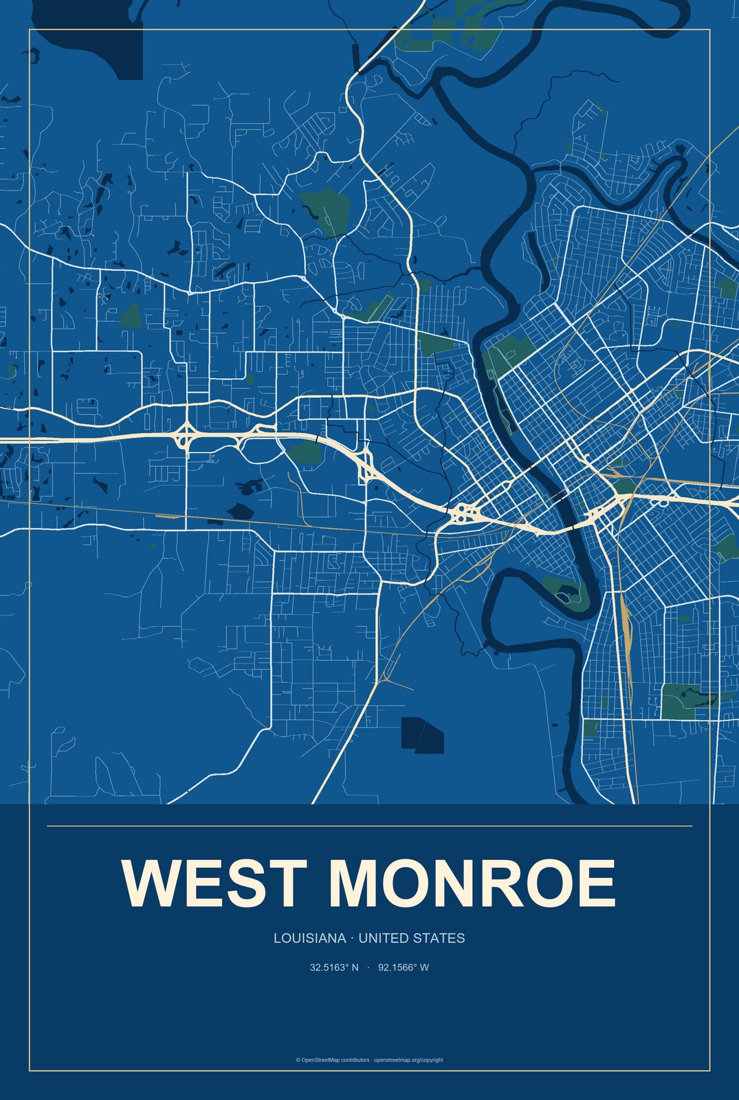 West Monroe, Louisiana City Map Aluminum Sign in Harbor Cobalt style