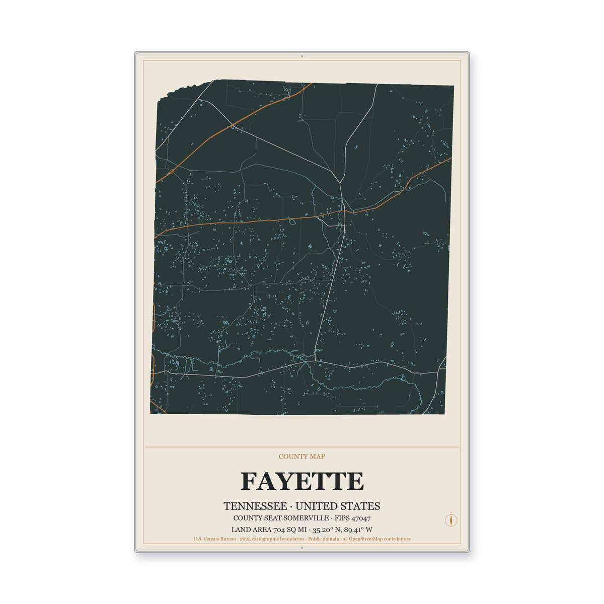 Fayette County, Tennessee Map Aluminum Sign in Headline Atlas style