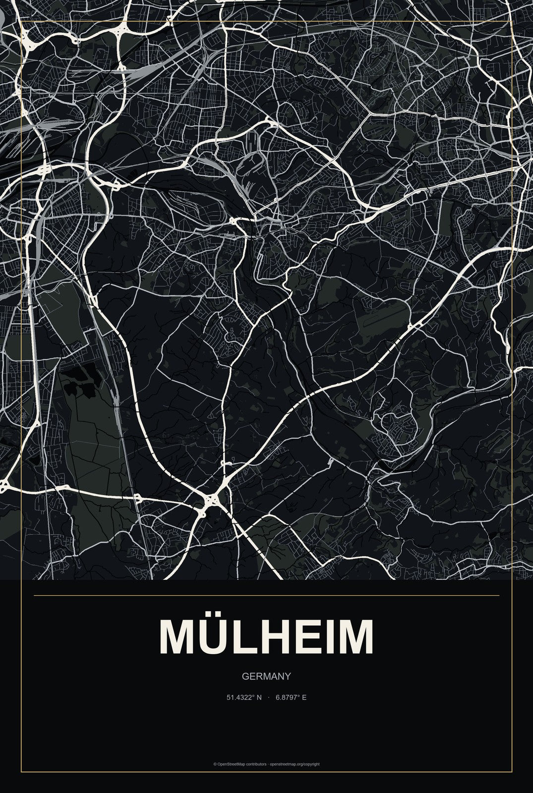 Mülheim, Germany City Map Aluminum Sign in Metropolitan Noir style