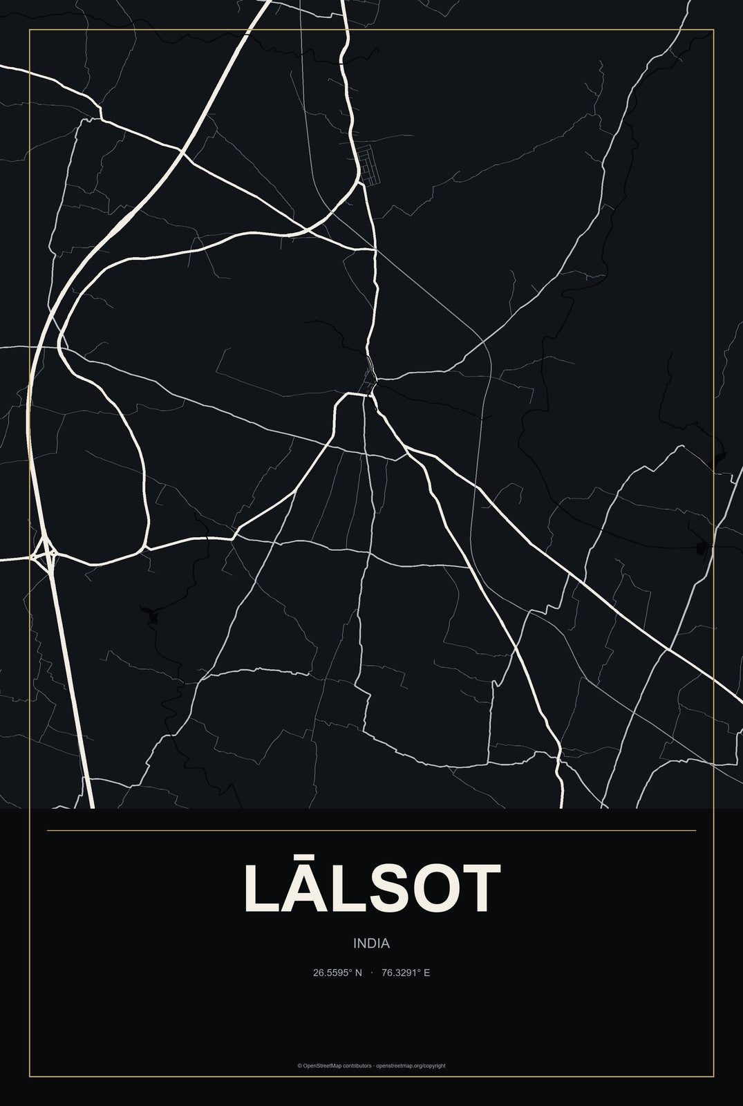 Lālsot, India City Map Aluminum Sign in Metropolitan Noir style