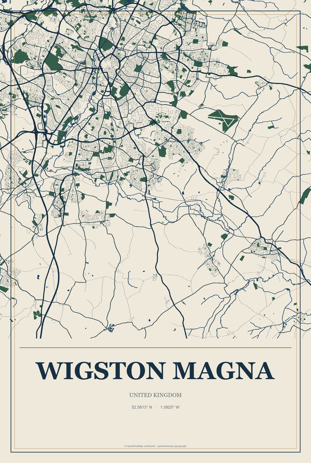 Wigston Magna, United Kingdom City Map Aluminum Sign in Coastal Cutout style
