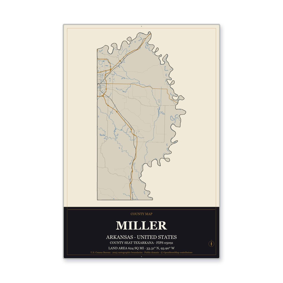 Miller County, Arkansas Map Aluminum Sign in Museum Plaque style