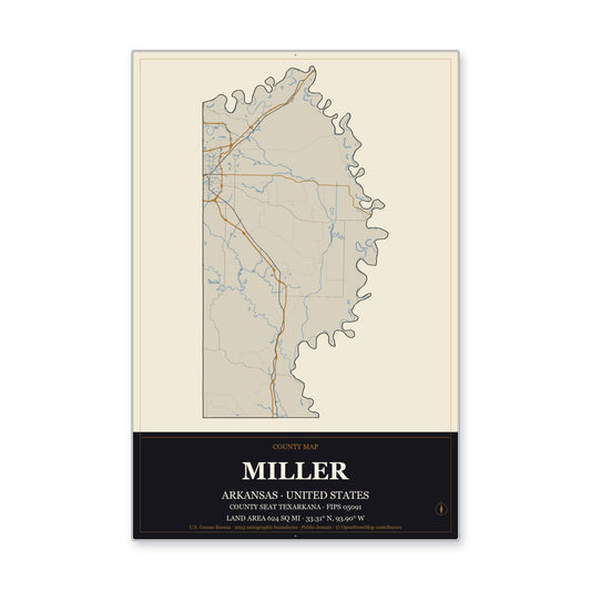 Miller County, Arkansas Map Aluminum Sign in Museum Plaque style