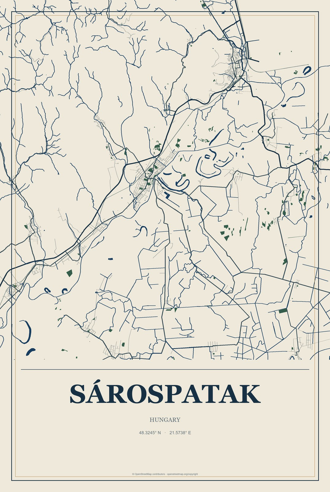 Sárospatak, Hungary City Map Aluminum Sign in Coastal Cutout style