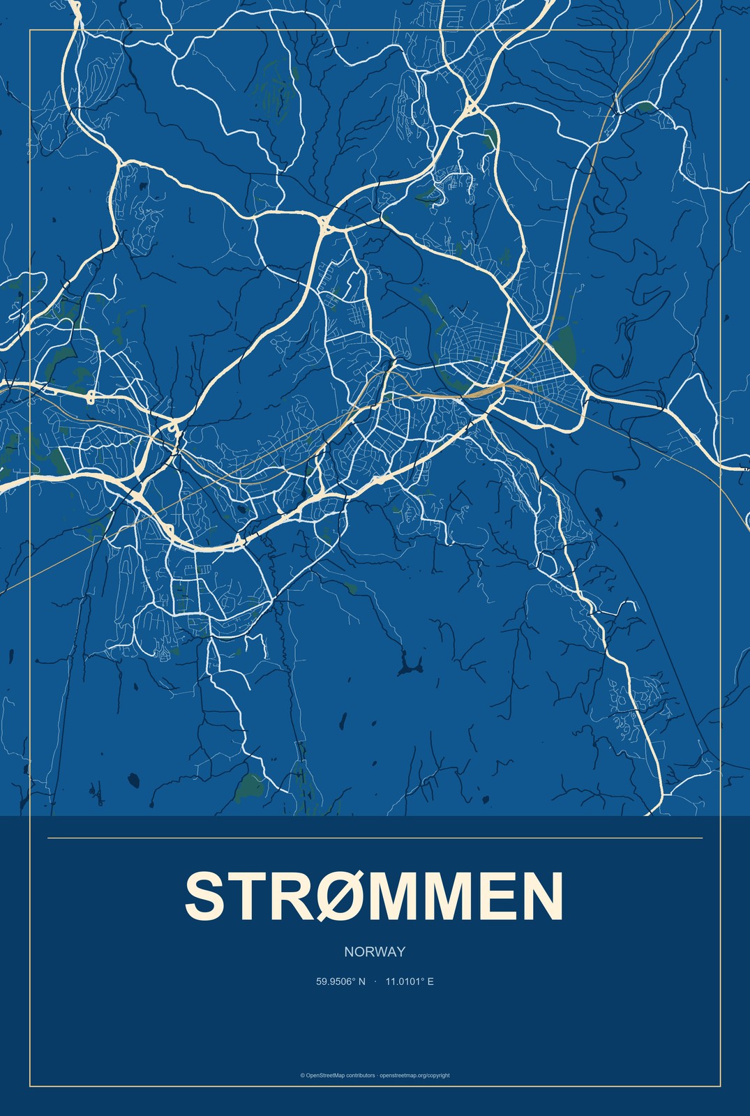 Strømmen, Norway City Map Aluminum Sign in Harbor Cobalt style