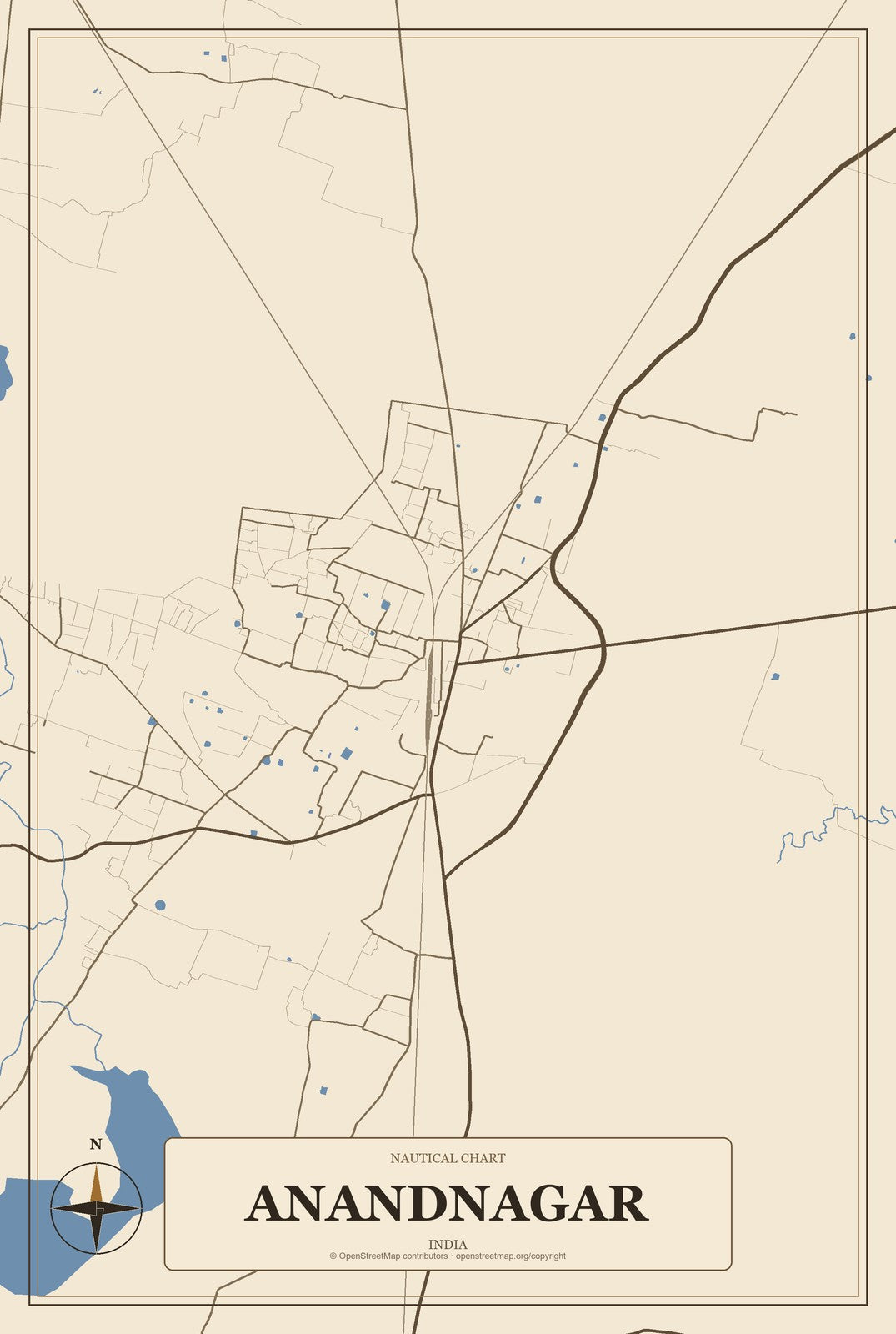 Anandnagar, India City Map Aluminum Sign in Heritage Nautical style