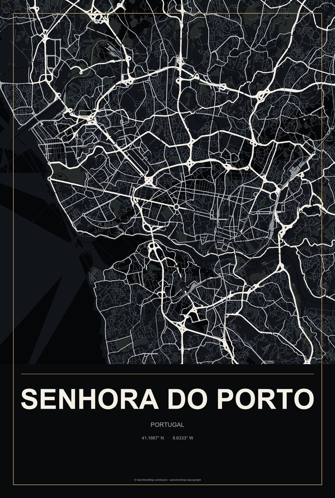 Senhora do Porto, Portugal City Map Aluminum Sign in Metropolitan Noir style