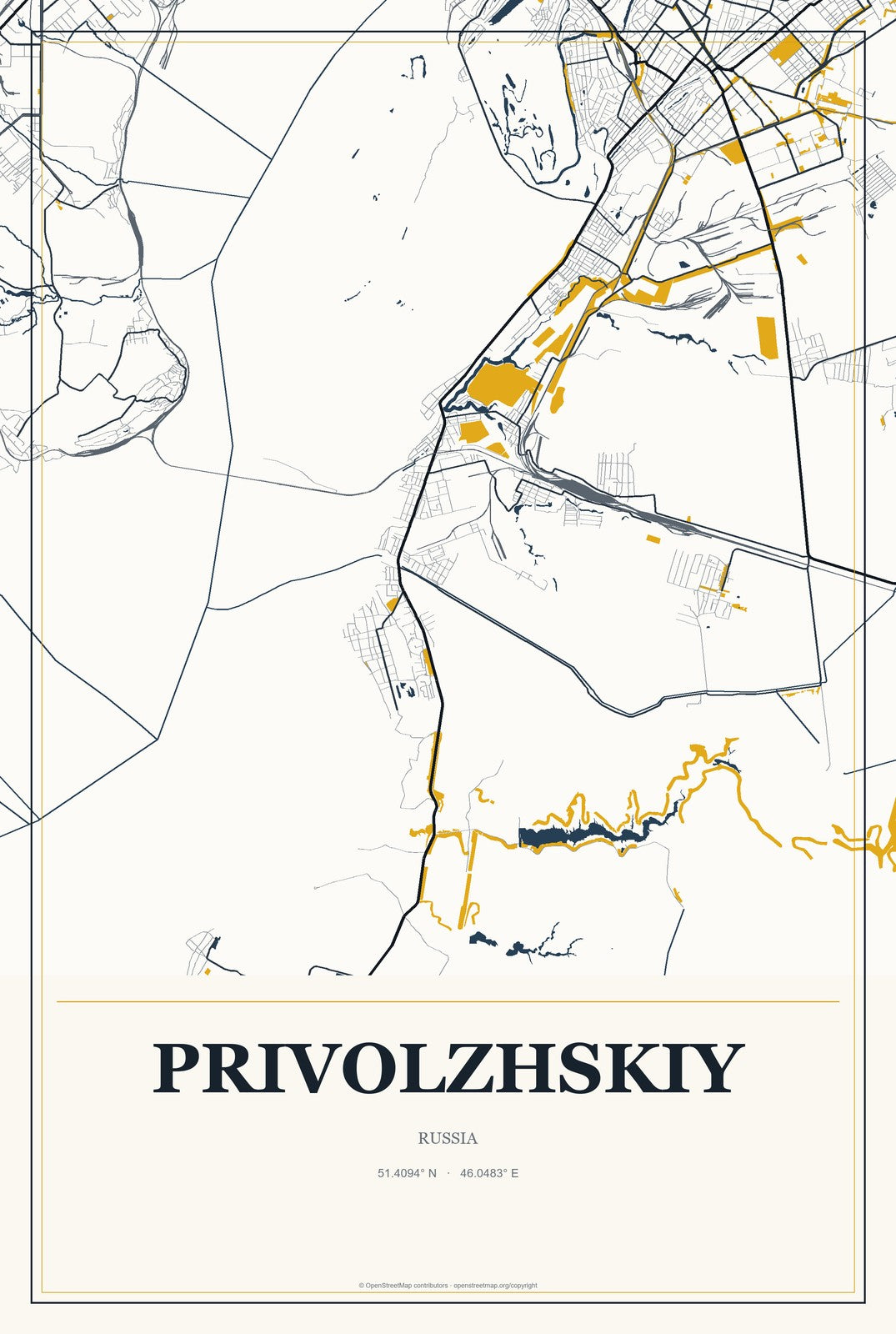Privolzhskiy, Russia City Map Aluminum Sign in Citrine Modern style