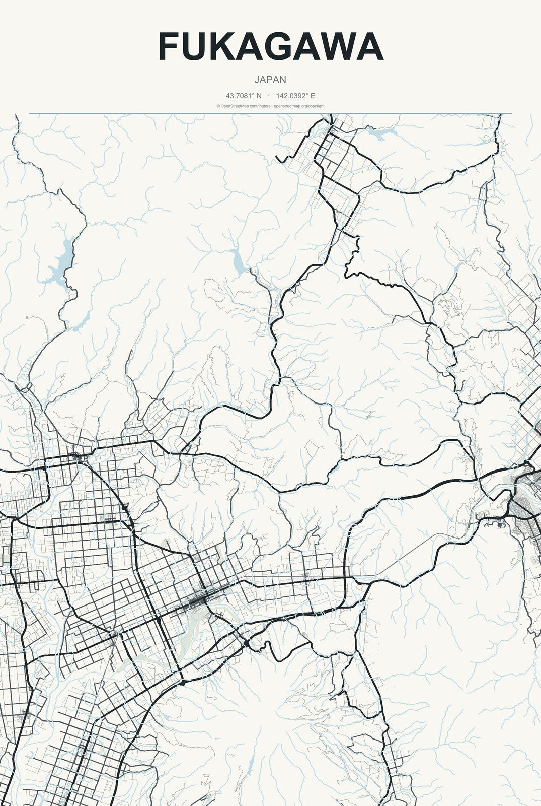 Fukagawa, Japan City Map Aluminum Sign in Headline Atlas style