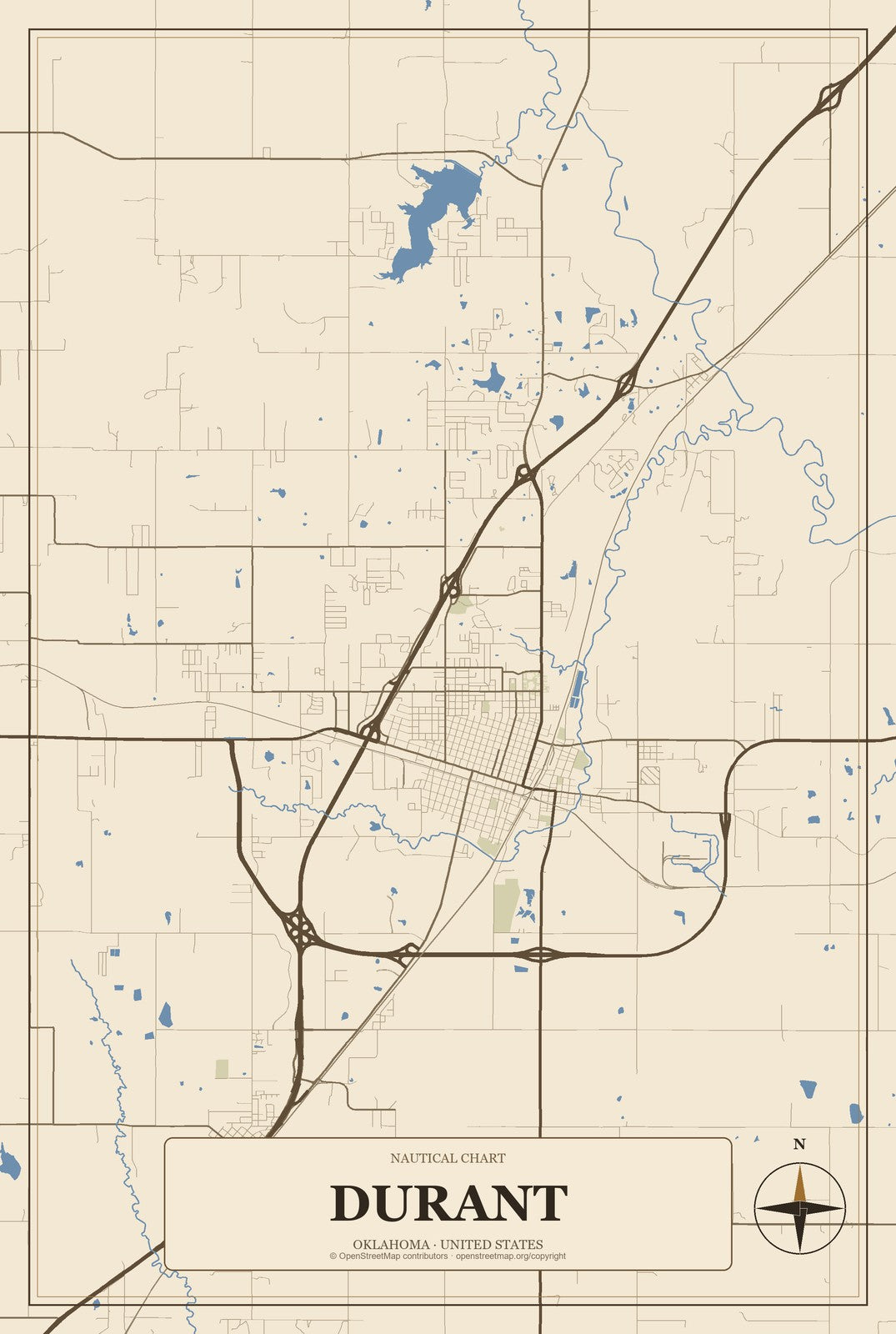 Durant, Oklahoma City Map Aluminum Sign in Heritage Nautical style