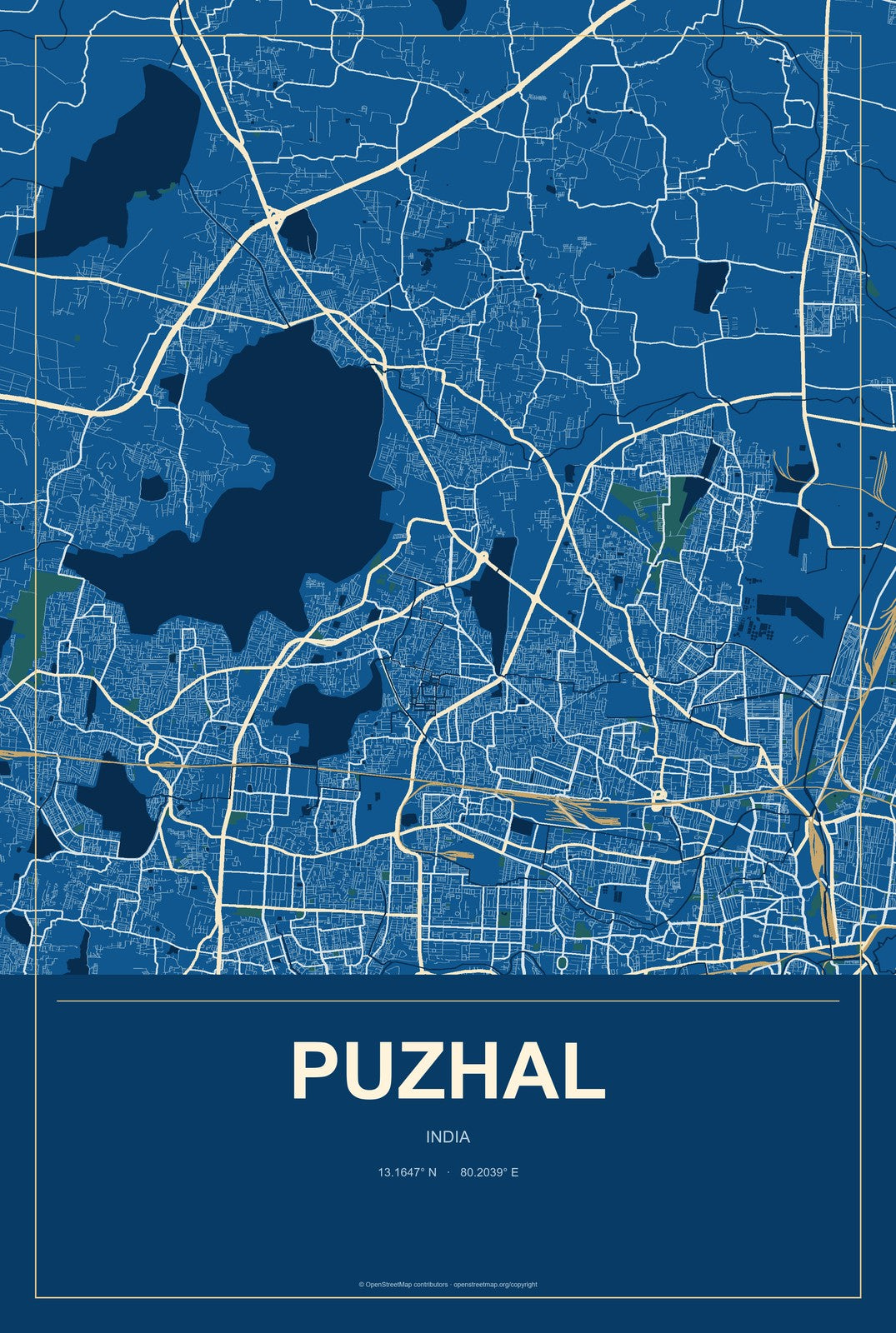 Puzhal, India City Map Aluminum Sign in Harbor Cobalt style