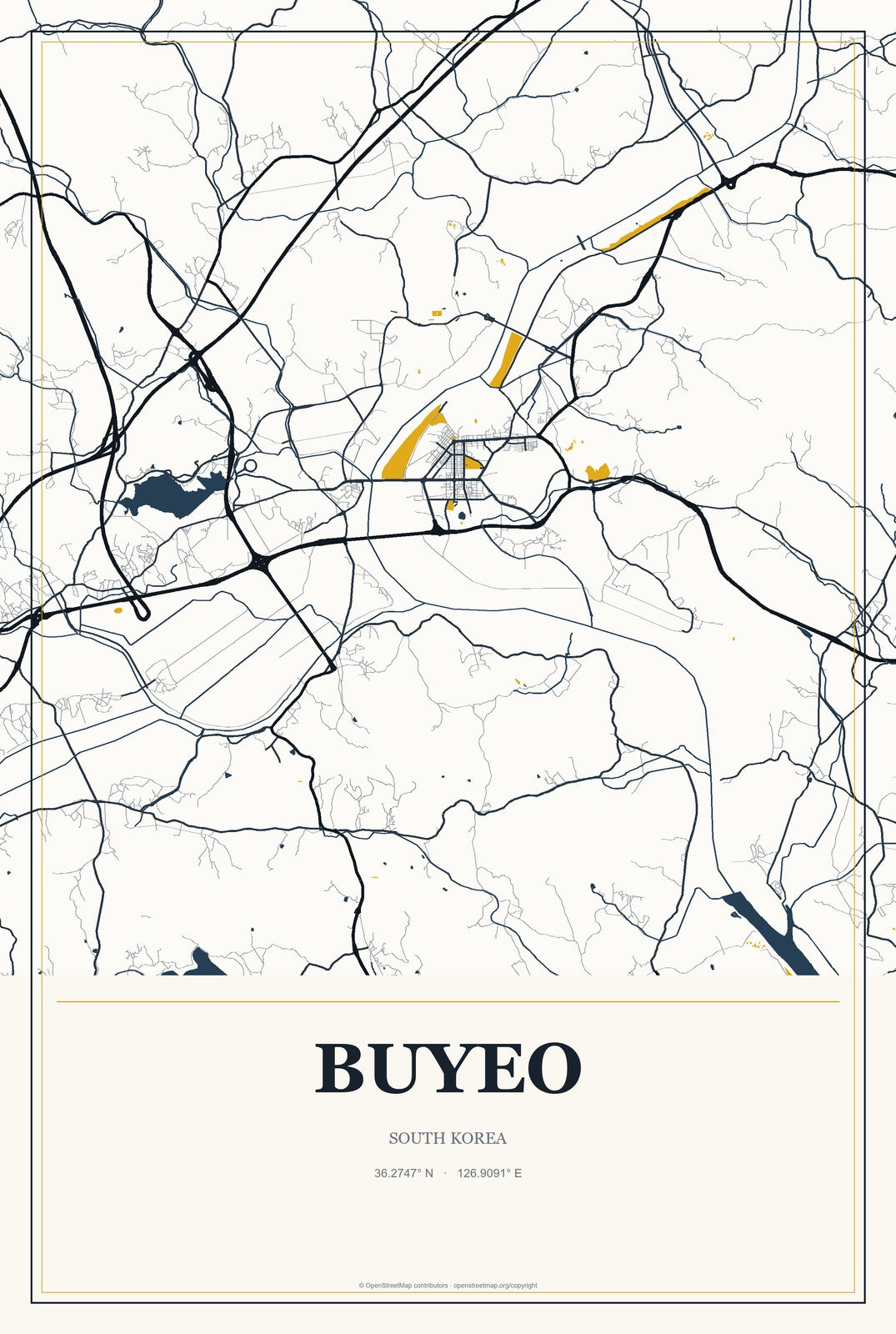 Buyeo, South Korea City Map Aluminum Sign in Citrine Modern style