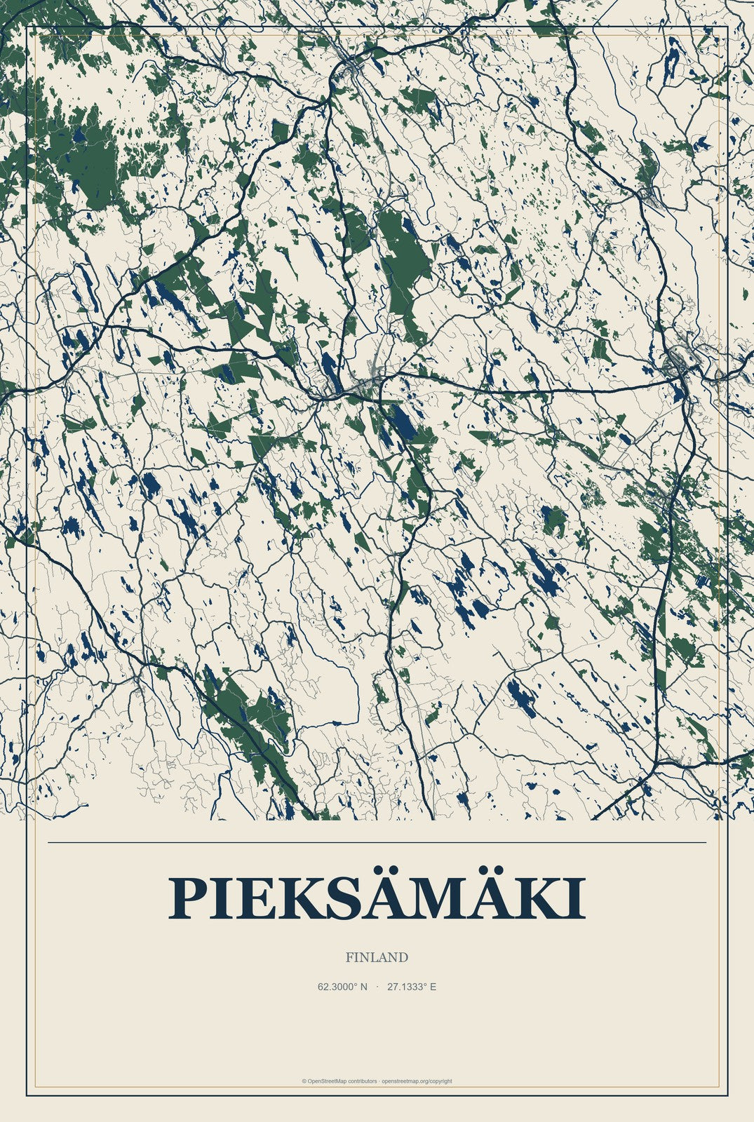 Pieksämäki, Finland City Map Aluminum Sign in Coastal Cutout style