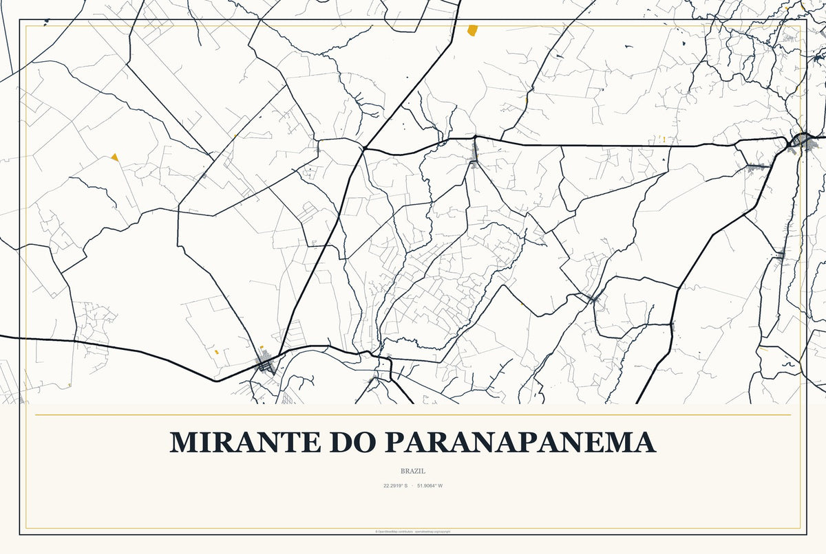 Mirante do Paranapanema, Brazil City Map Aluminum Sign in Citrine Modern style