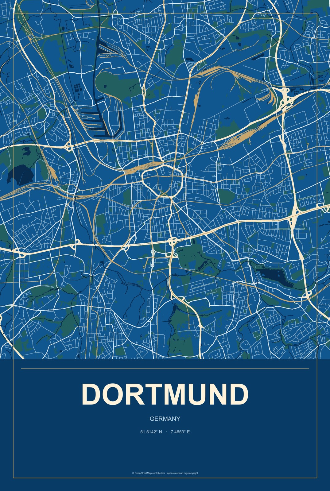 Dortmund, Germany City Map Aluminum Sign in Harbor Cobalt style