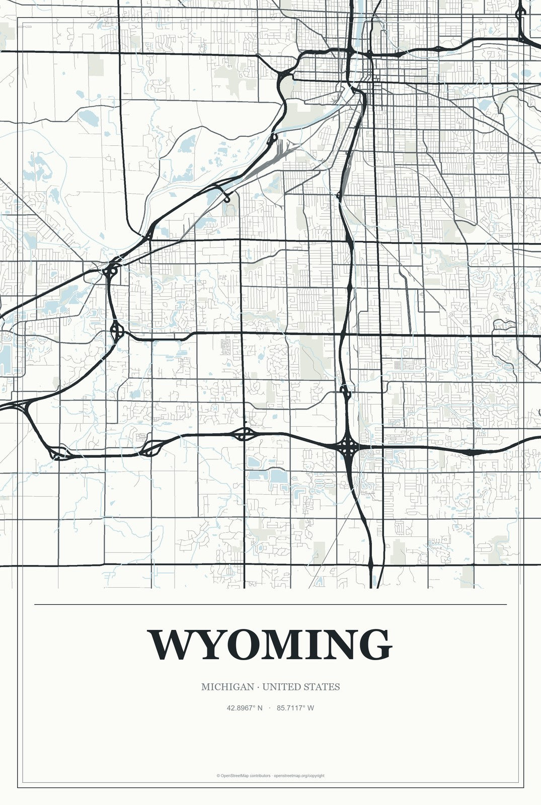 Wyoming, Michigan City Map Aluminum Sign in Gallery Air style