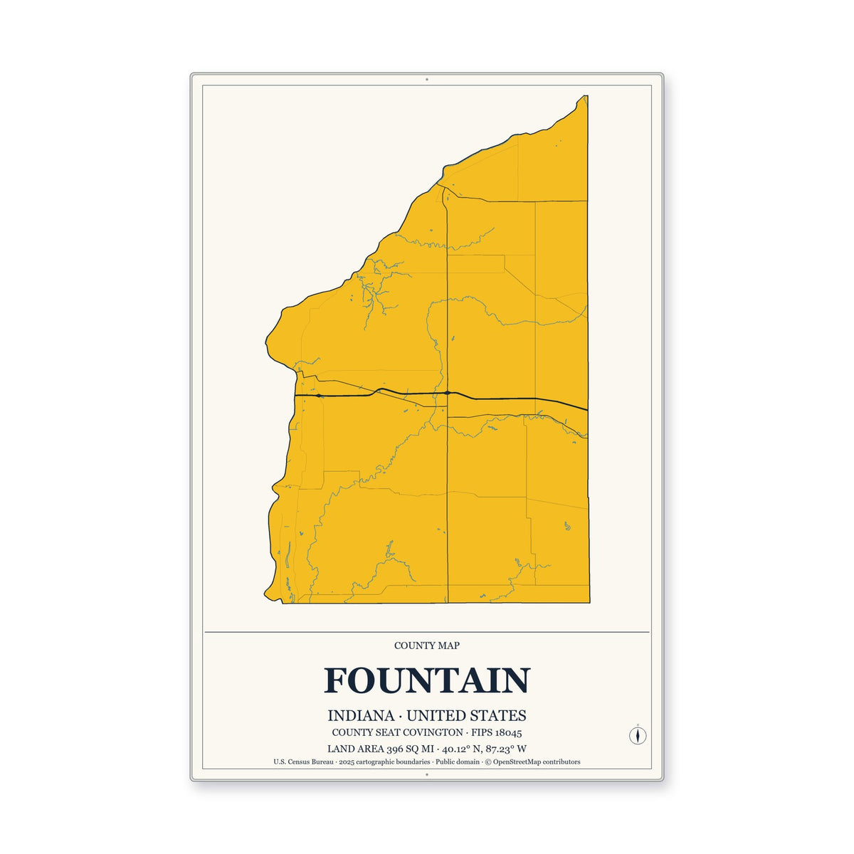Fountain County, Indiana Map Aluminum Sign in Citrine Modern style