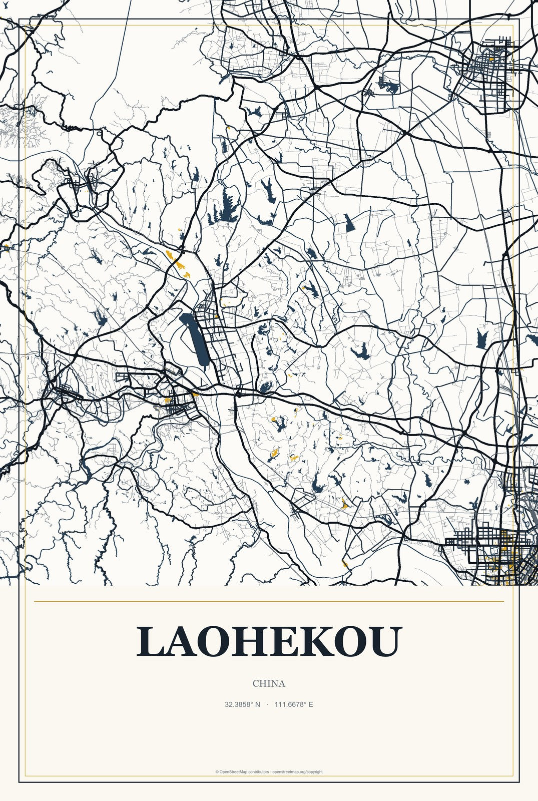 Laohekou, China City Map Aluminum Sign in Citrine Modern style