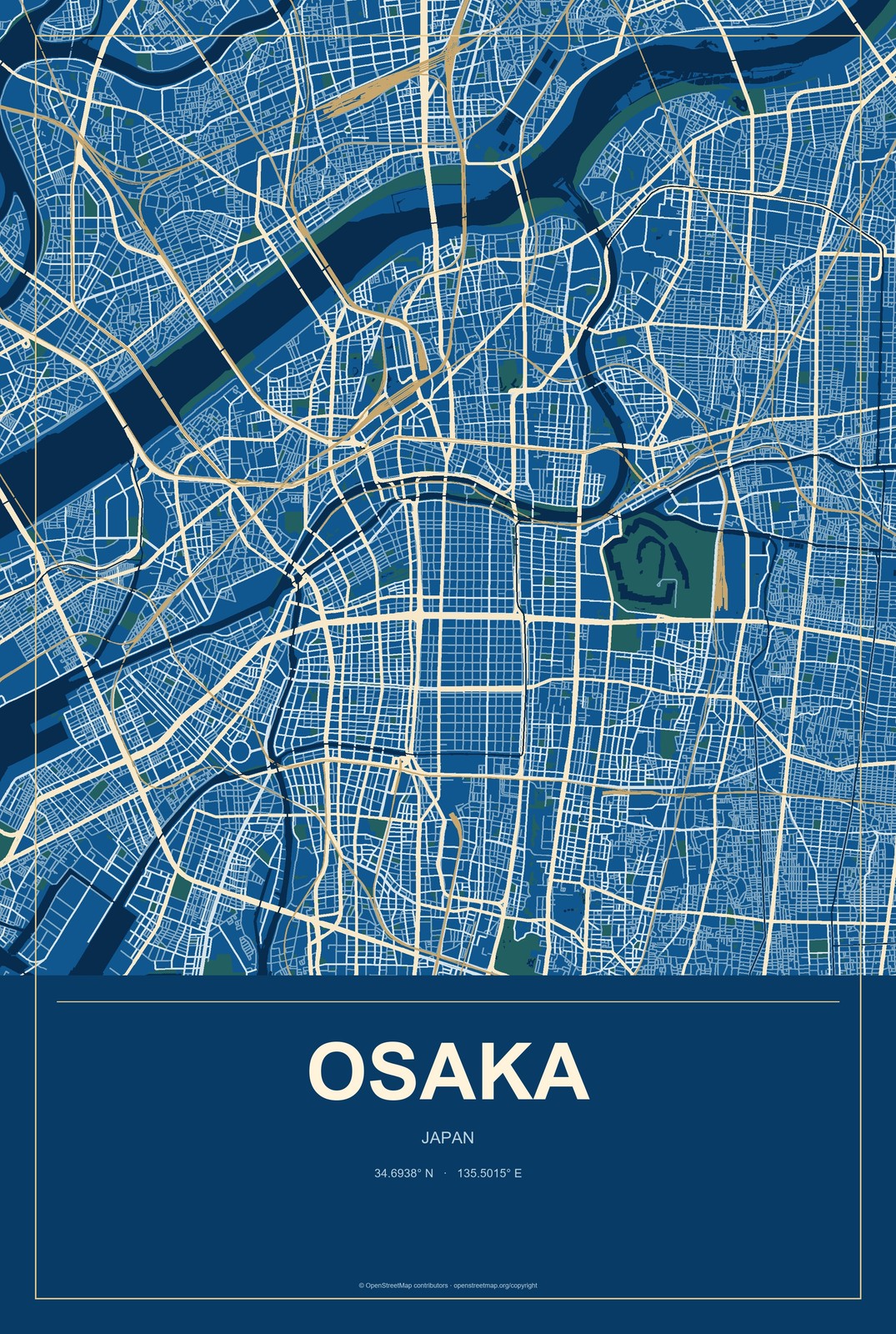 Osaka, Japan City Map Aluminum Sign in Harbor Cobalt style