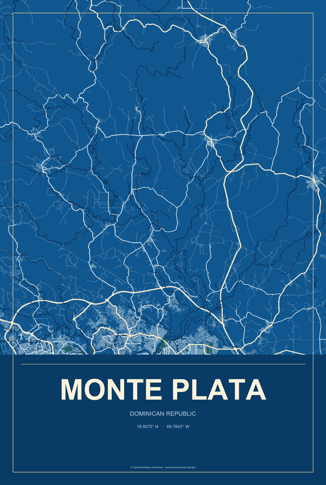 Monte Plata, Dominican Republic City Map Aluminum Sign in Harbor Cobalt style