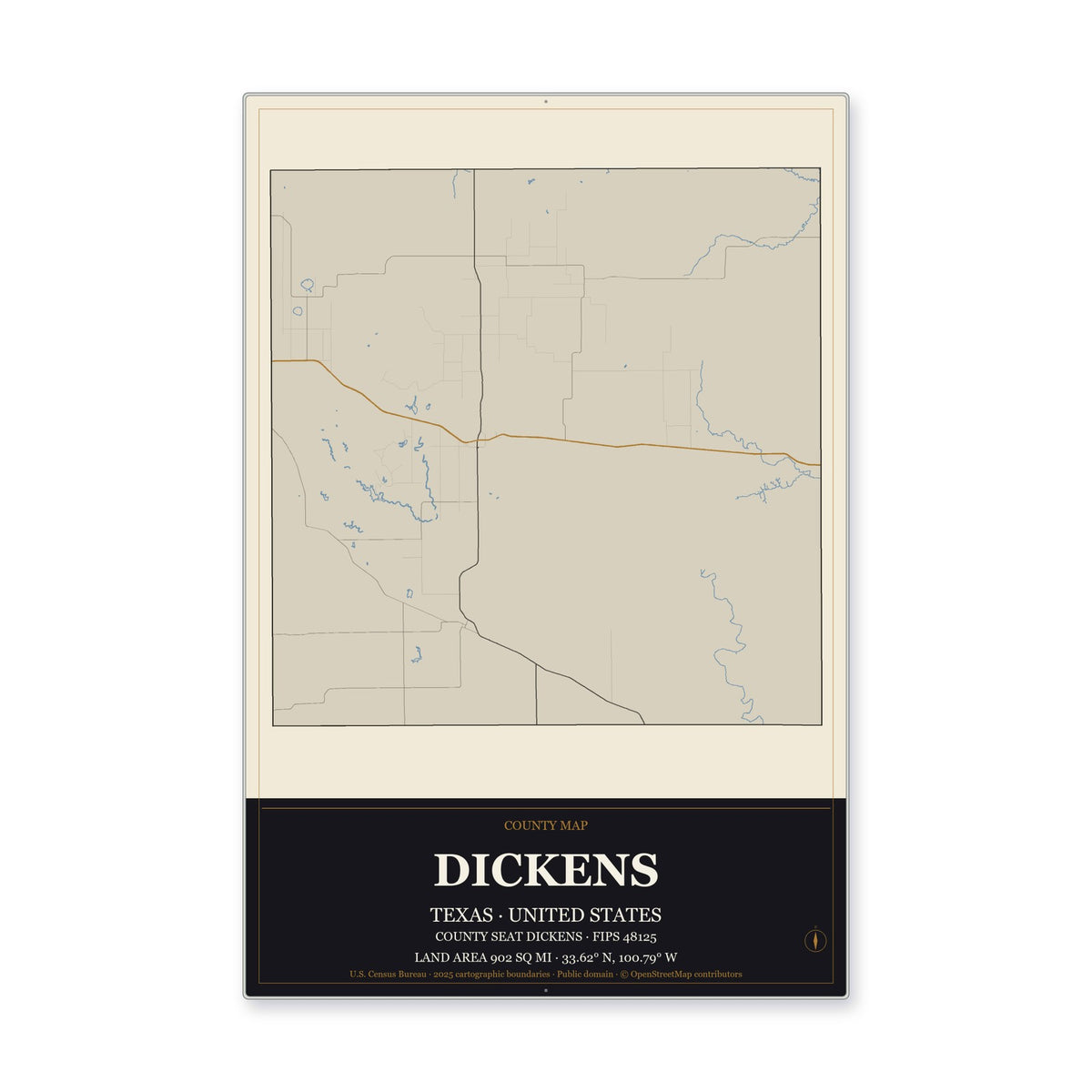 Dickens County, Texas Map Aluminum Sign in Museum Plaque style
