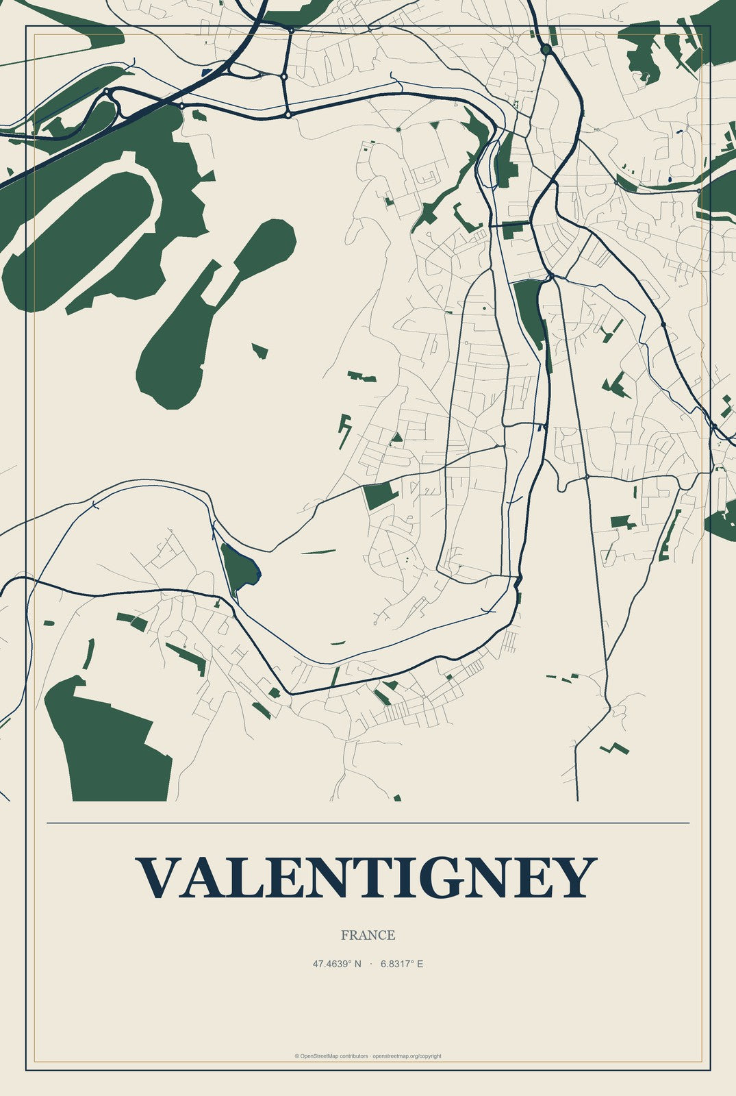 Valentigney, France City Map Aluminum Sign in Coastal Cutout style