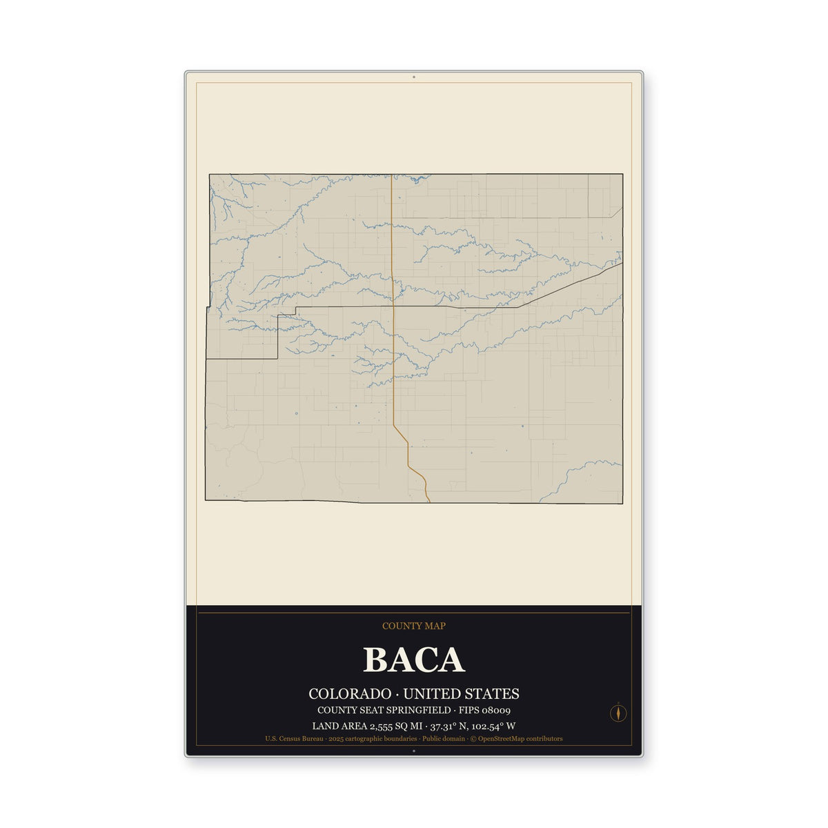 Baca County, Colorado Map Aluminum Sign in Museum Plaque style