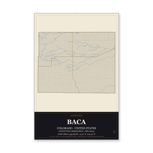 Baca County, Colorado Map Aluminum Sign in Museum Plaque style