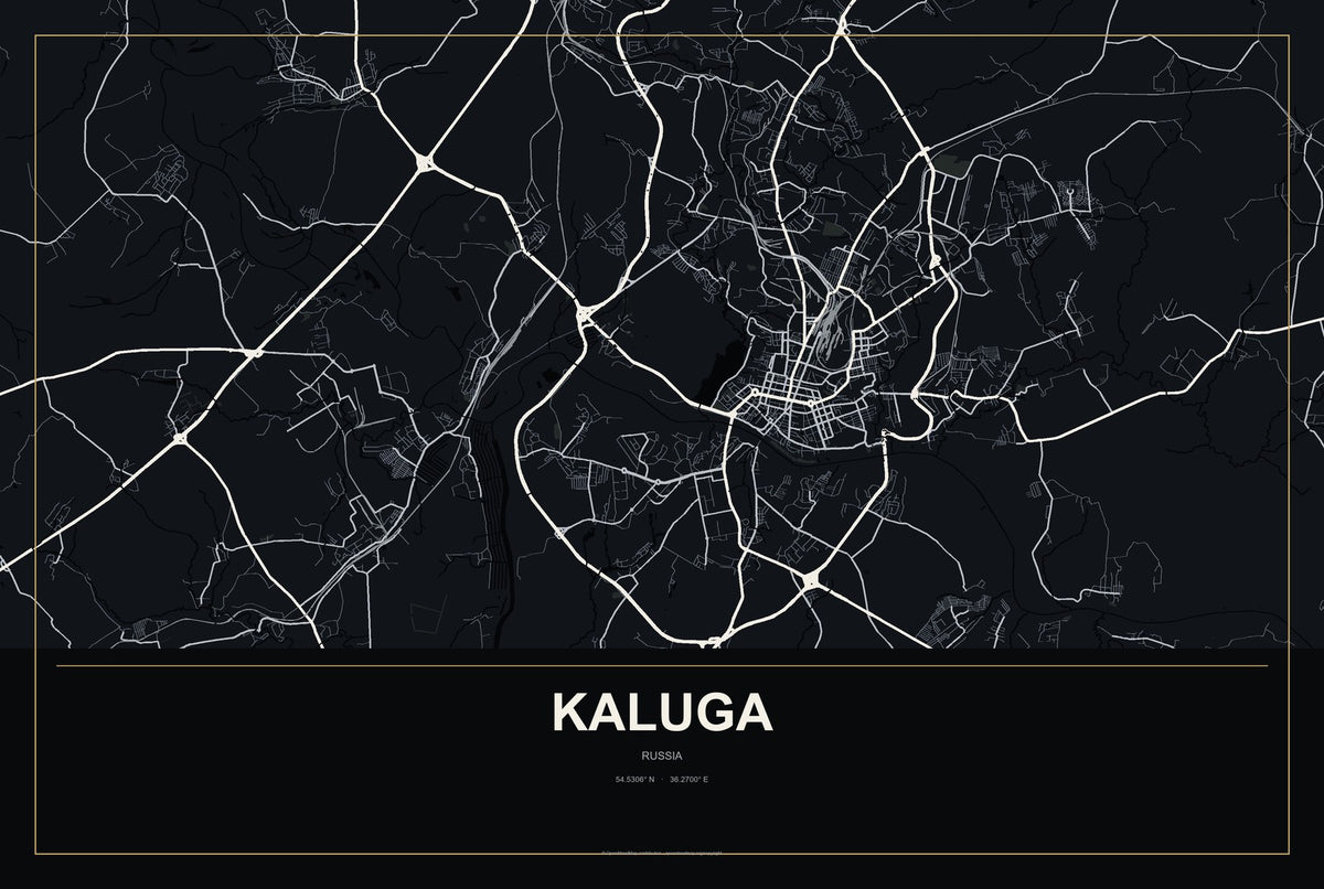 Kaluga, Russia City Map Aluminum Sign in Metropolitan Noir style