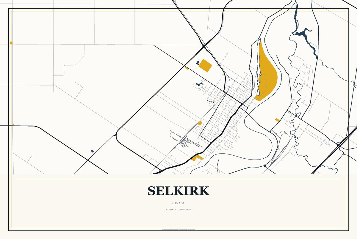 Selkirk, Canada City Map Aluminum Sign in Citrine Modern style