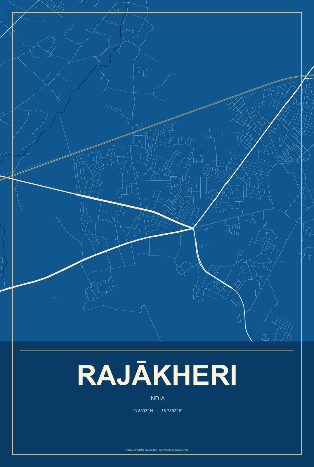 Rajākheri, India City Map Aluminum Sign in Harbor Cobalt style