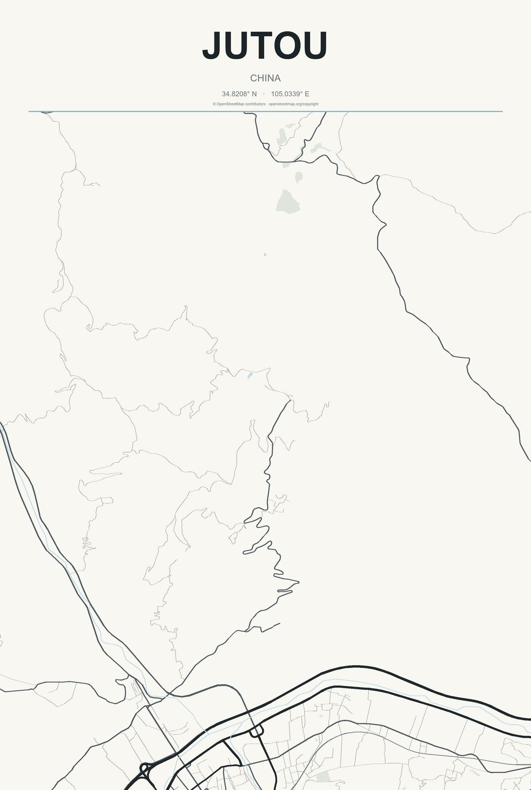 Jutou, China City Map Aluminum Sign in Headline Atlas style
