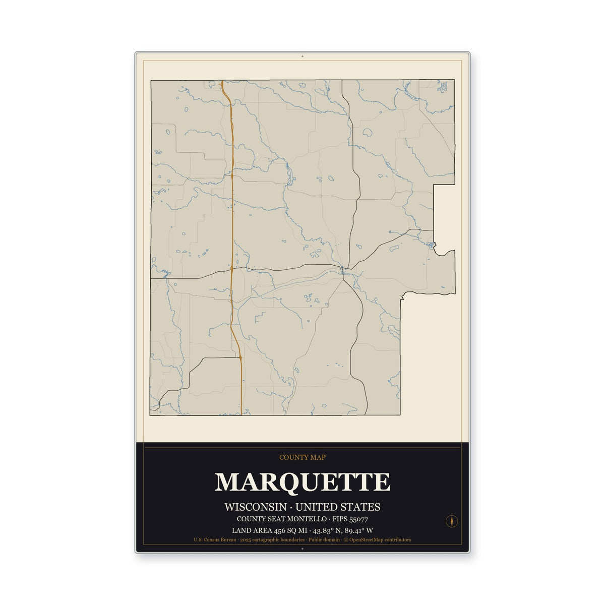 Marquette County, Wisconsin Map Aluminum Sign in Museum Plaque style