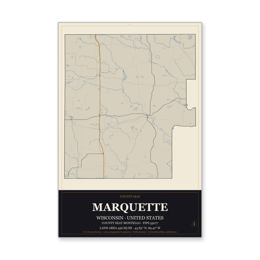 Marquette County, Wisconsin Map Aluminum Sign in Museum Plaque style