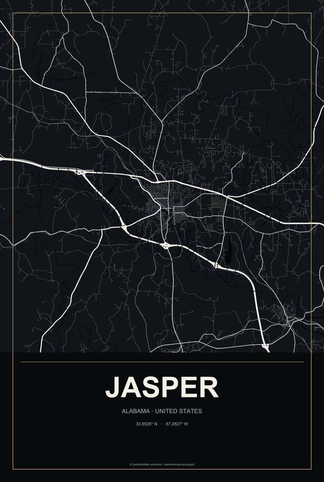 Jasper, Alabama City Map Aluminum Sign in Metropolitan Noir style