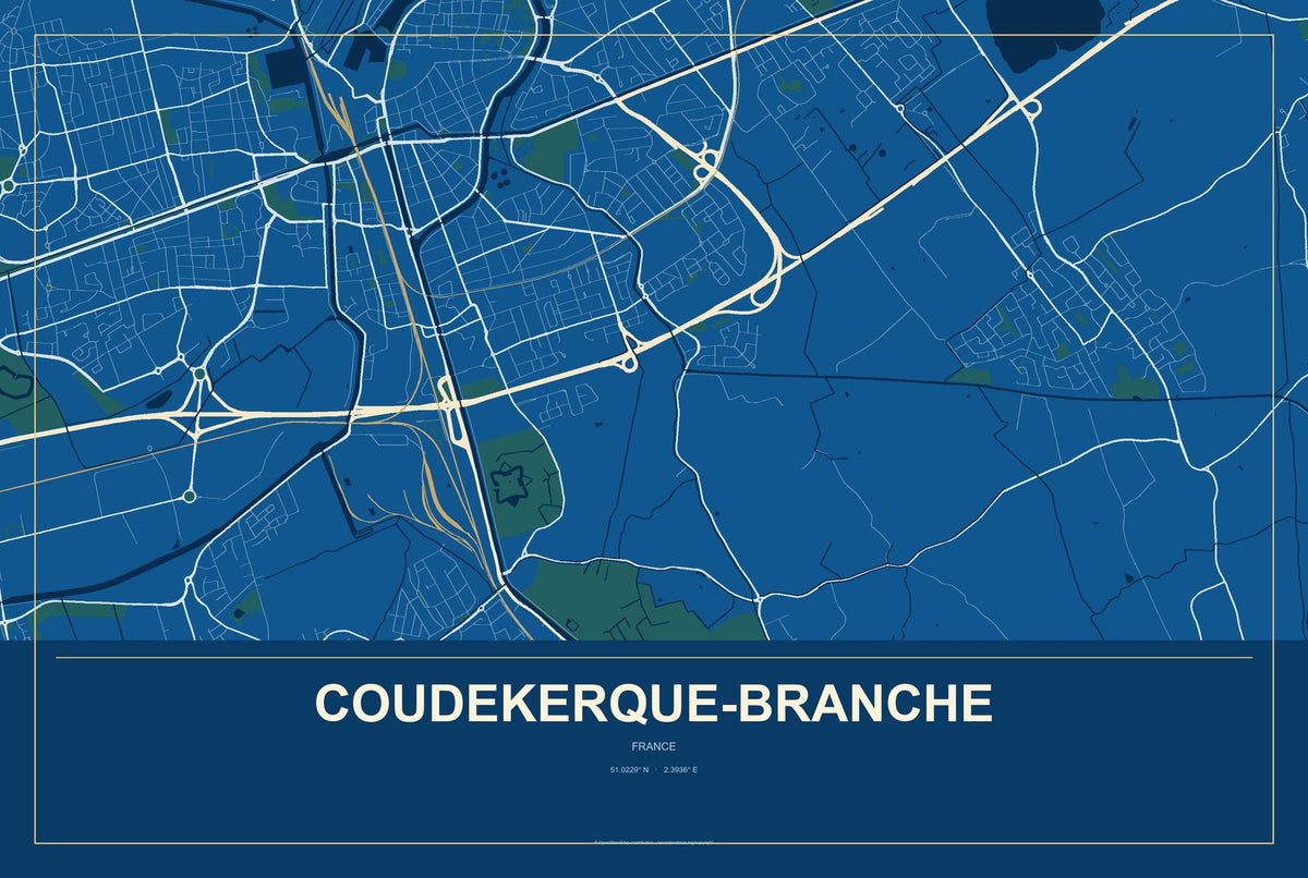 Coudekerque-Branche, France City Map Aluminum Sign in Harbor Cobalt style